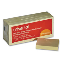 Self-Stick Note Pads, 1.5&quot; x  2&quot;, Yellow, 100 Sheets/Pad, 12 